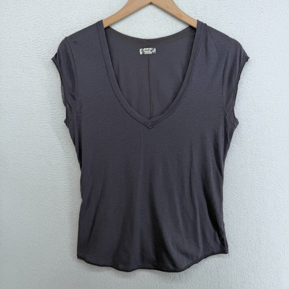FREE PEOPLE Top M Intimately V-Neck Cap Sleeve Slub Jersey Cotton Blend Gray